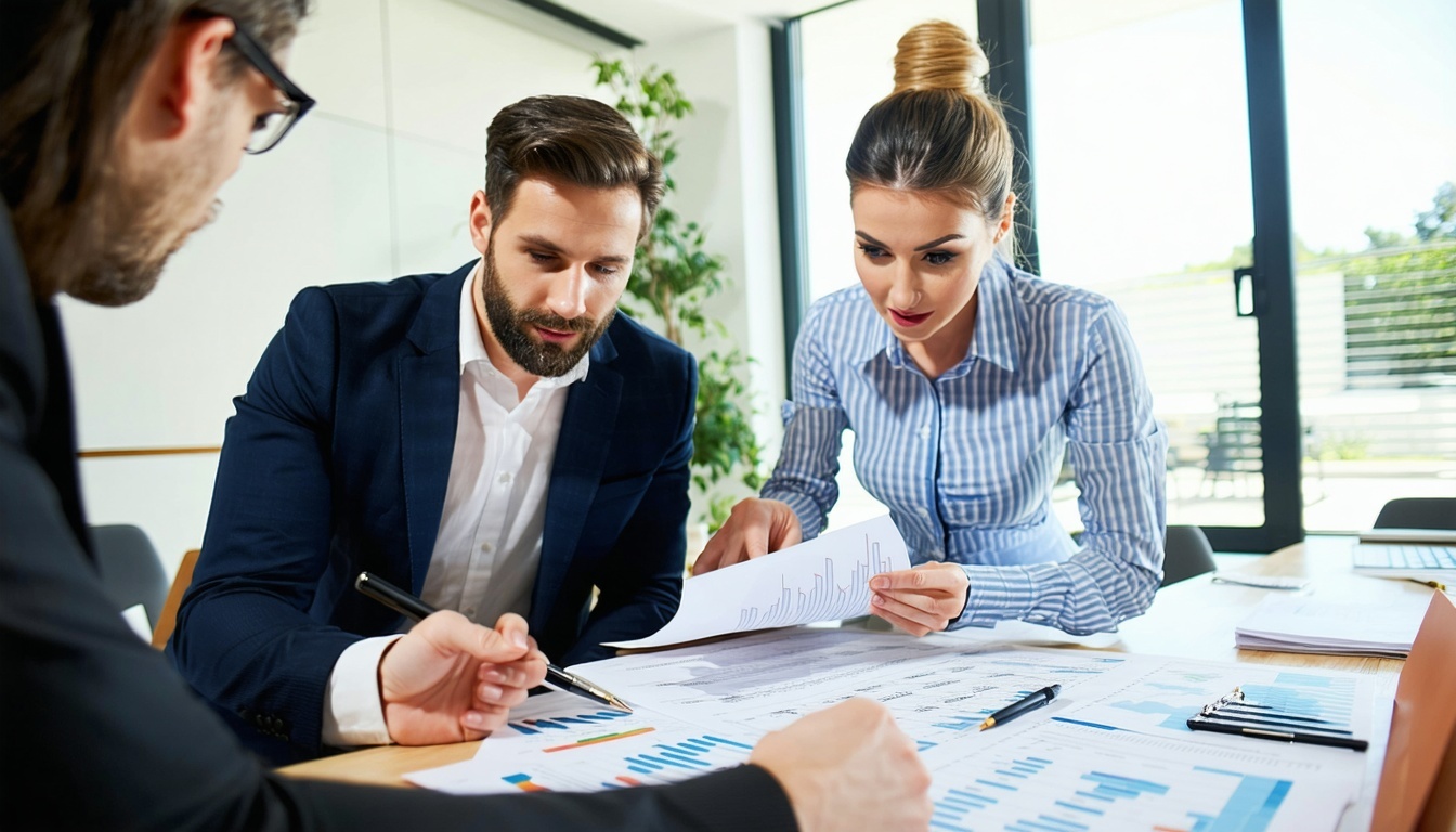 Professionals reviewing property investment documents